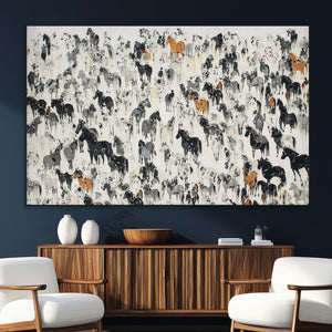 Wild Horse Stampede Wall Art Canvas Print – Monochrome