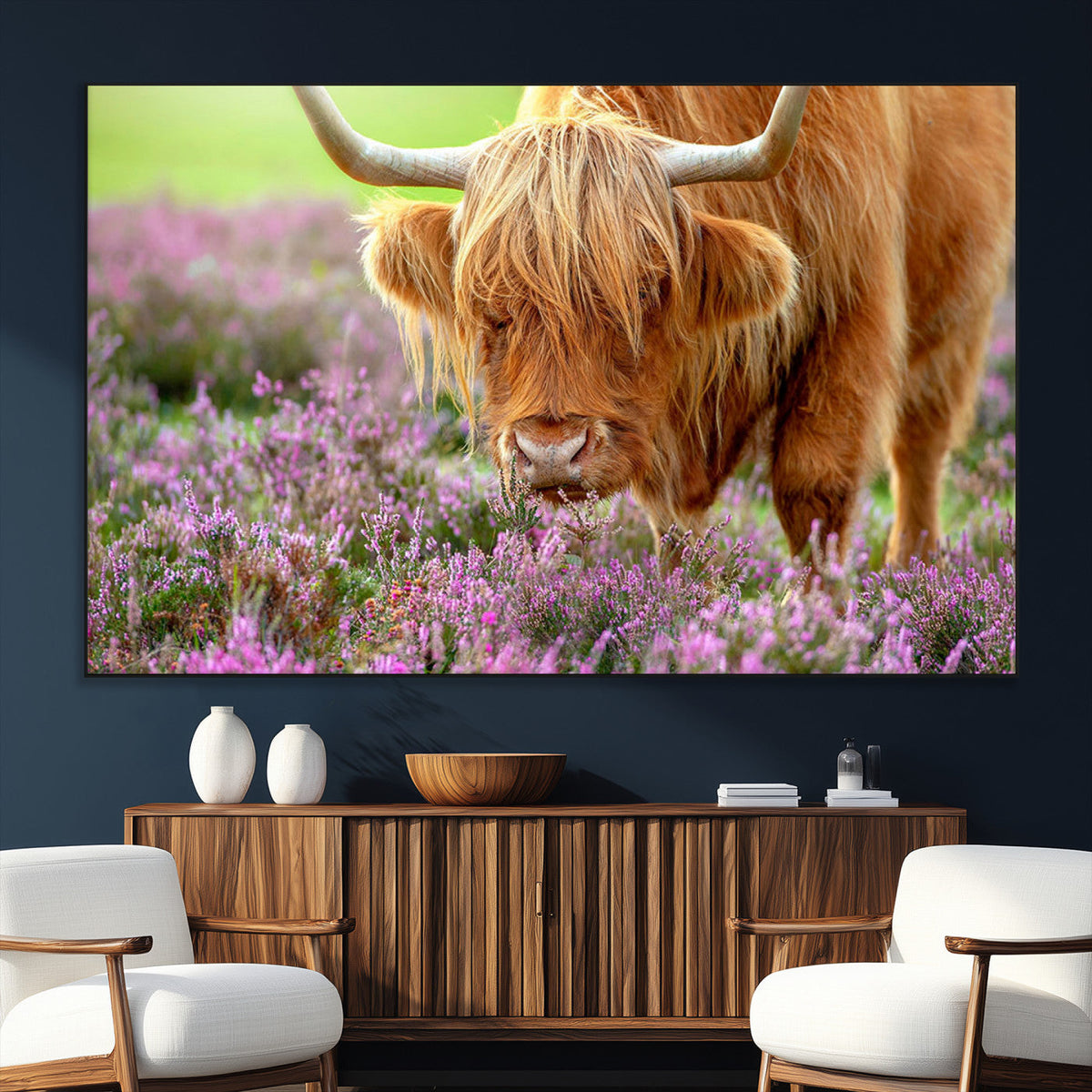 Highland Cow Wall Art Canvas Print – Framed Purple Flowers