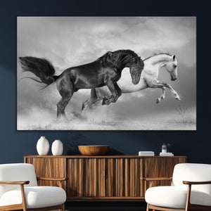 Wild Horses Wall Art Canvas Print – Framed Black and White