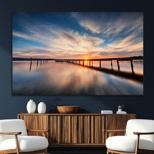 Wooden Pier on Seascape and Sunset Wall Art Canvas Print