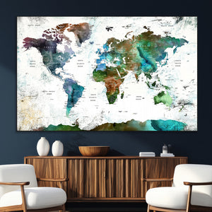 Modern Watercolor World Map Canvas Wall Art – Framed