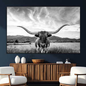 Longhorn Black and White Wall Art – Rustic Western Bull