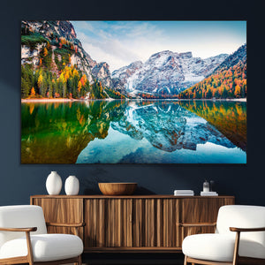 Spectacular autumn view of Braies Lake Wall Art Canvas Print