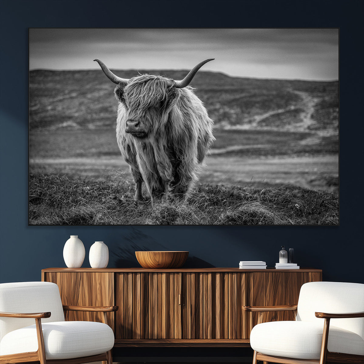 Fluffy Cattle Wall Art Print, Highland Cow Canvas, Framed