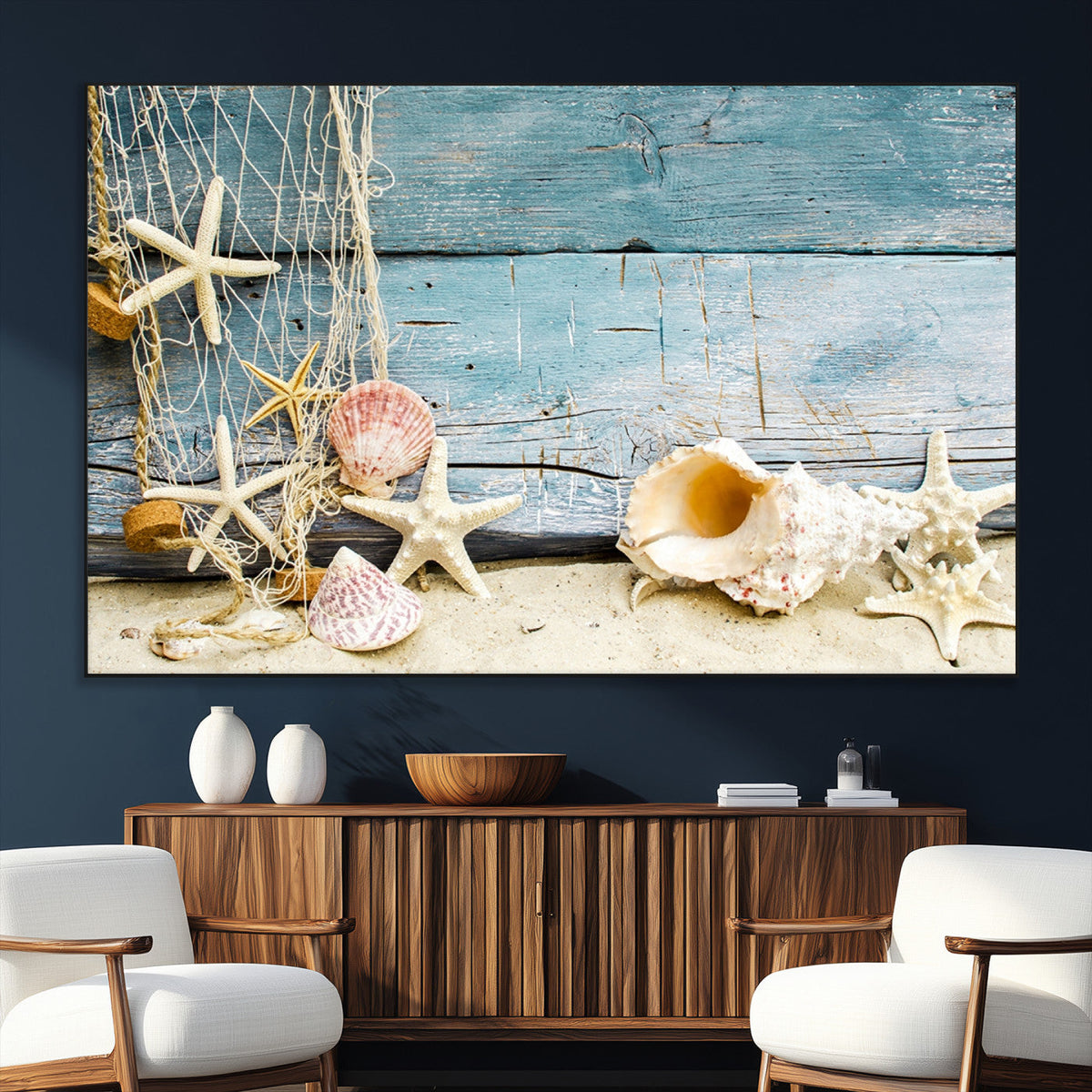 Seashells on Rustic Wooden Background, Seashells Wall Art