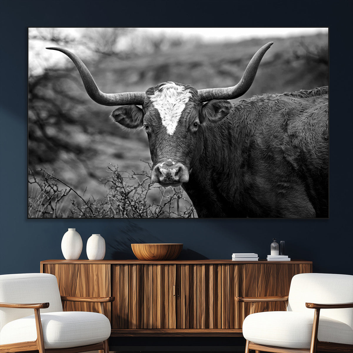 Western Home Wall Art Canvas Print, Framed Texas Longhorn