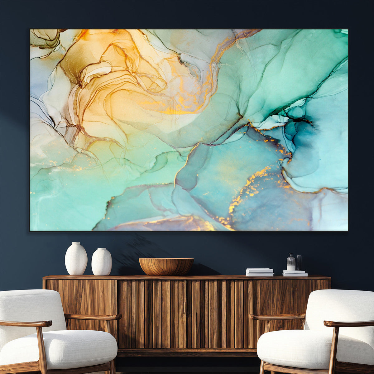 Abstract Aqua and Gold Fluid Wall Art Canvas | 3 Panel Large