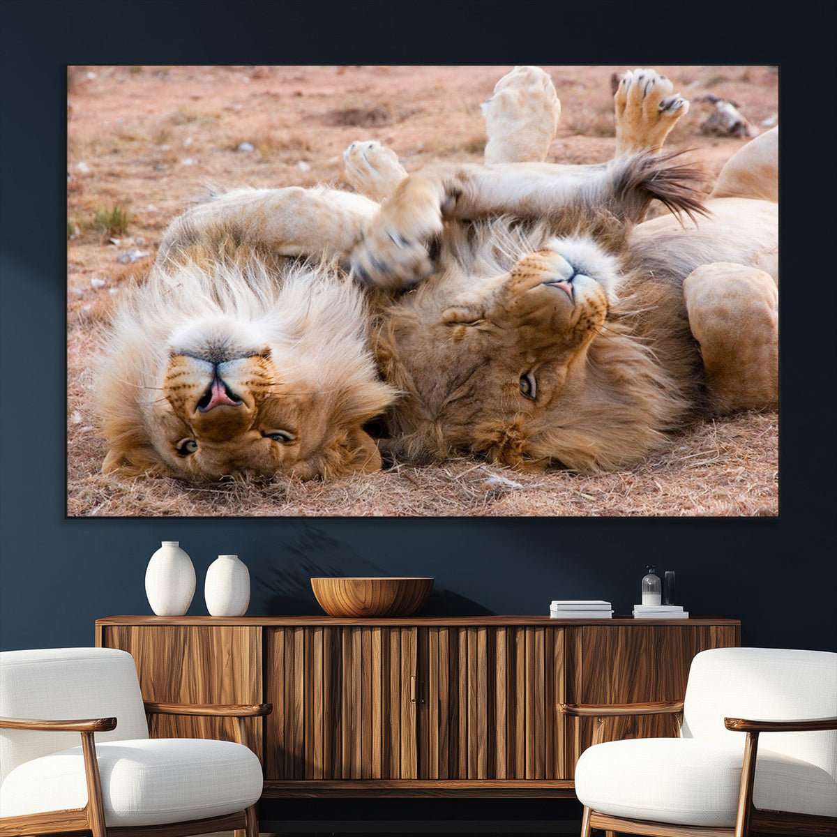 Lion Pair Wall Art Canvas Print – Framed Wildlife Scene with