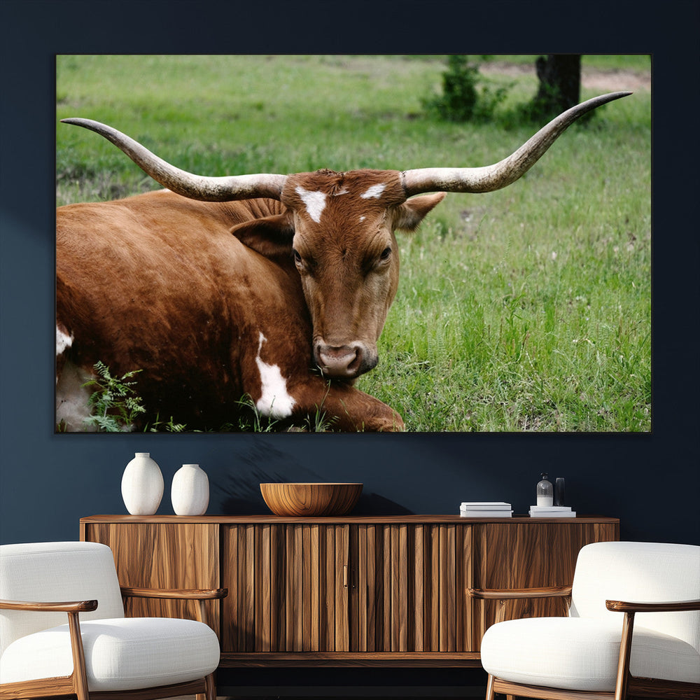 Longhorn Steer Canvas Wall Art – Rustic Nature Triptych
