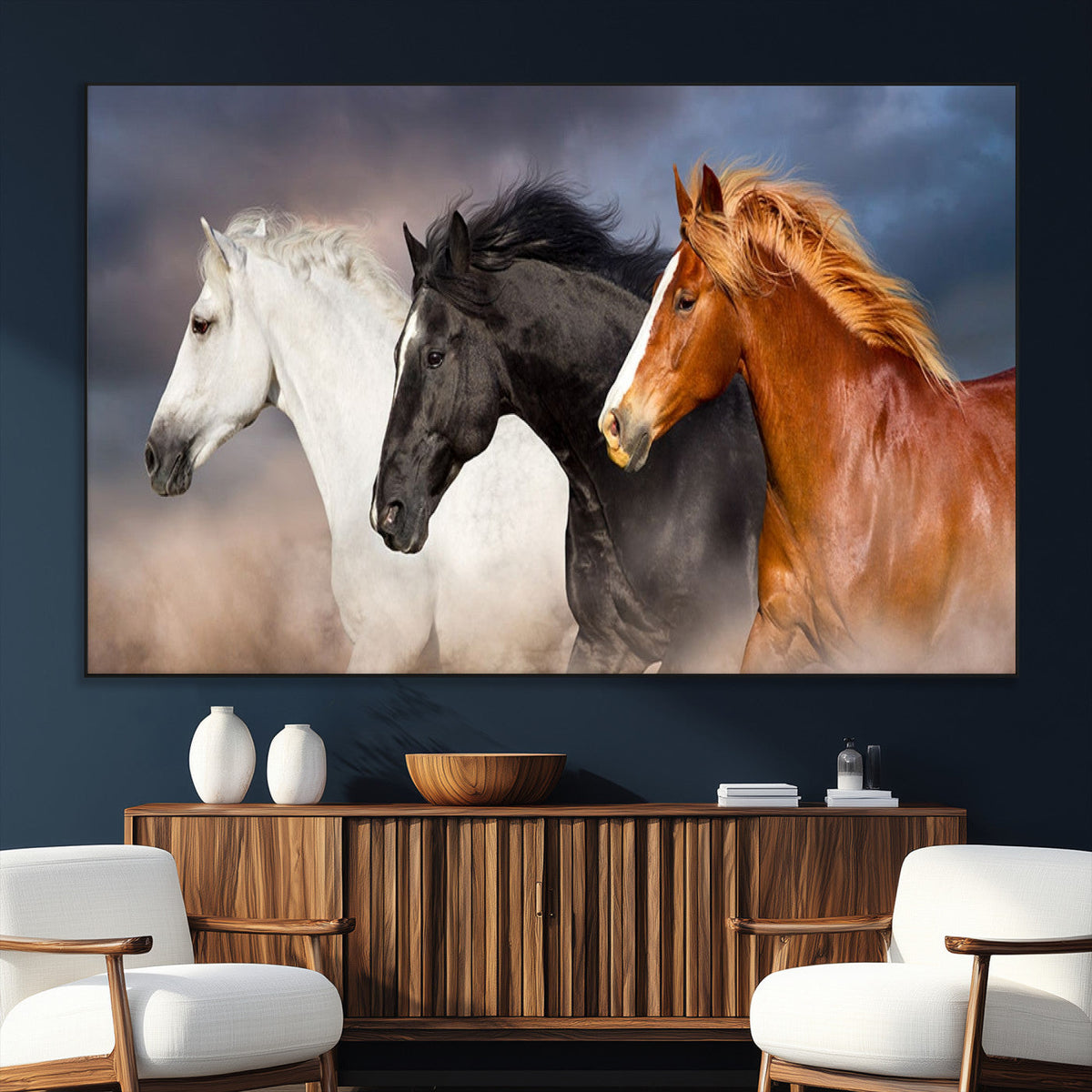 Animal Wall Art Three Horses Farmhouse Art Canvas, Framed
