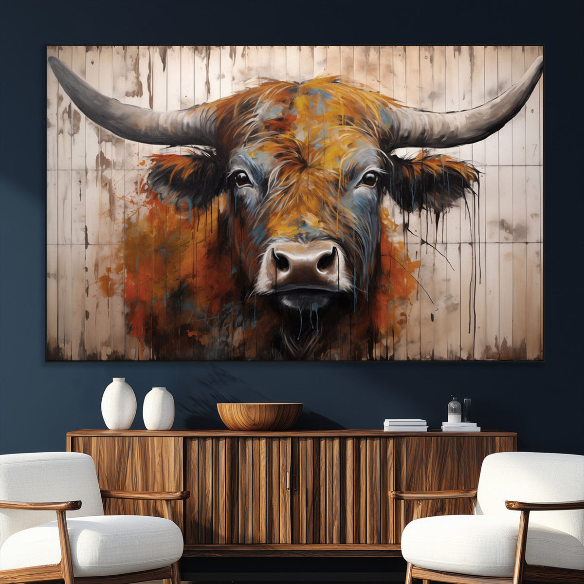 Abstract Bull Highland Cow Canvas Wall Art Print – Vibrant