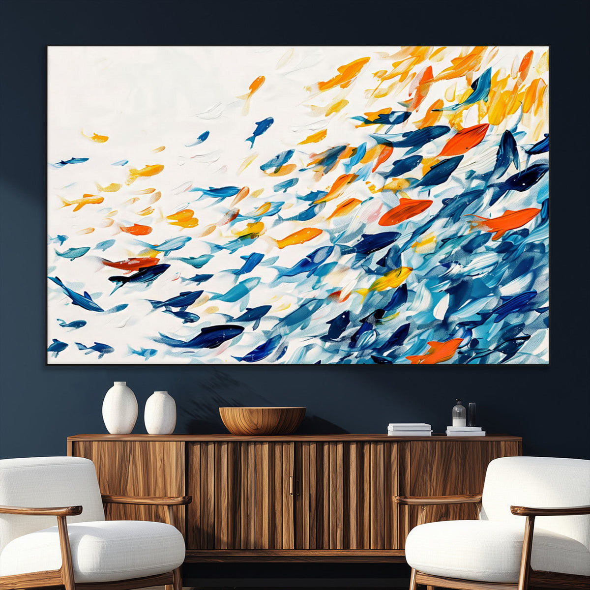 Abstract Fish Shoal Wall Art Canvas Print, Colorful Fish