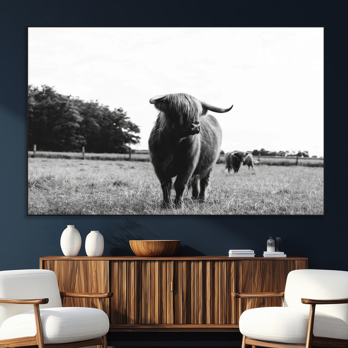 Black and White Highland Cow Wall Art Canvas Print | Rustic