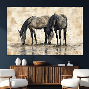 Chinese Style Abstract Black Horses Wall Art Canvas Print -