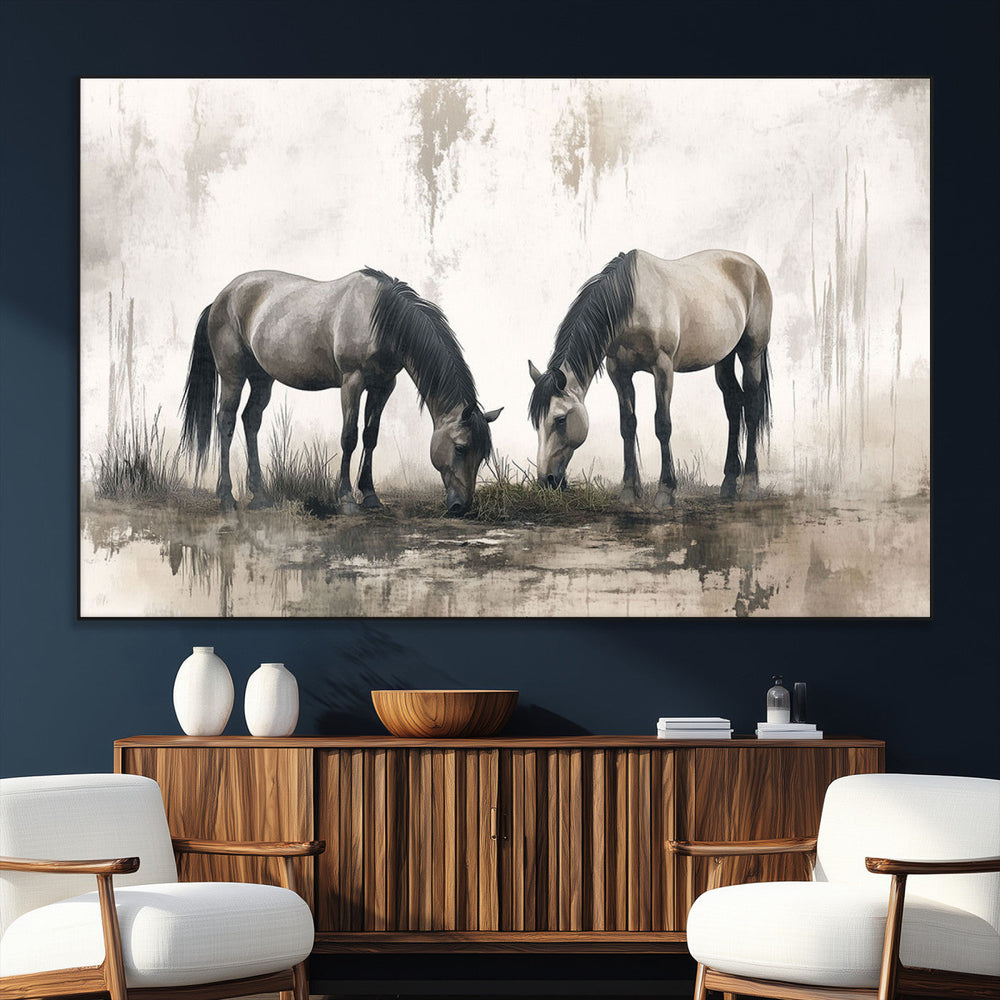 Chines Ink Style Vintage Horses Wall Art Canvas Print for