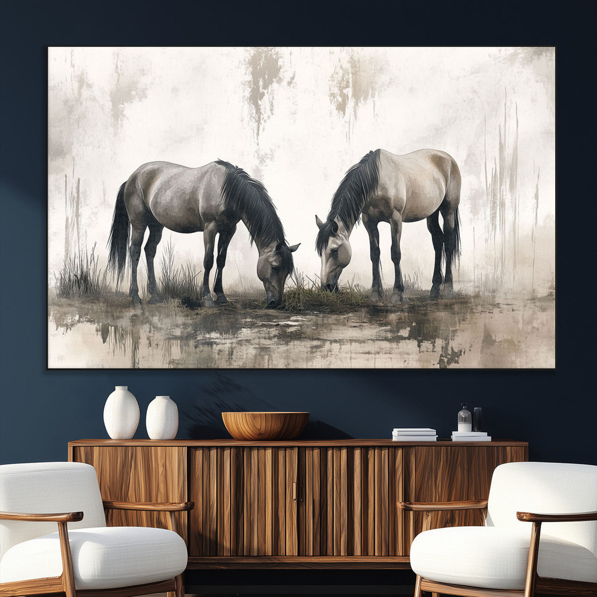 Chines Ink Style Vintage Horses Wall Art Canvas Print for