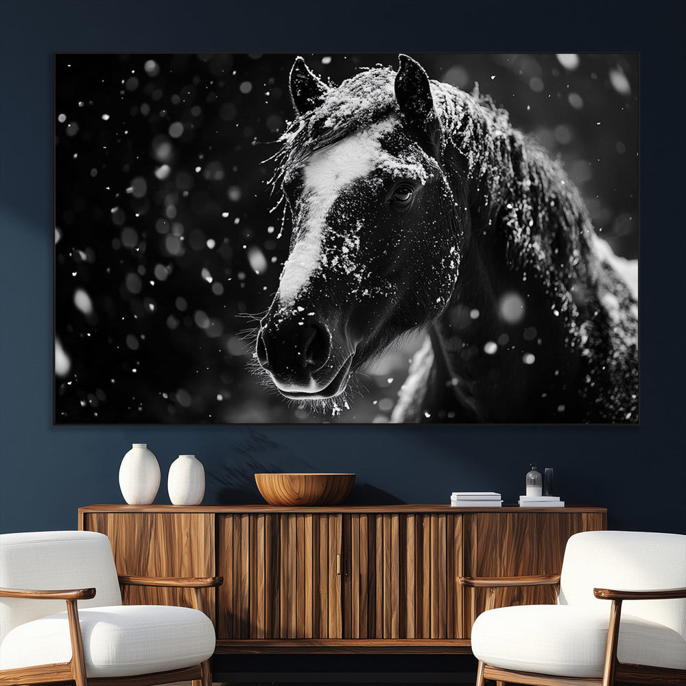 Winter Horse Wall Art | Black and White Horse Print | Ready