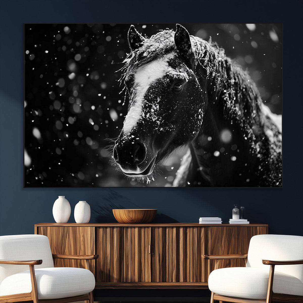 Winter Horse Wall Art | Black and White Horse Print | Ready