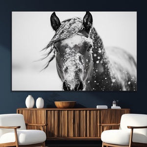 Western Wall Art | Black and White Winter Horse Wall Art |