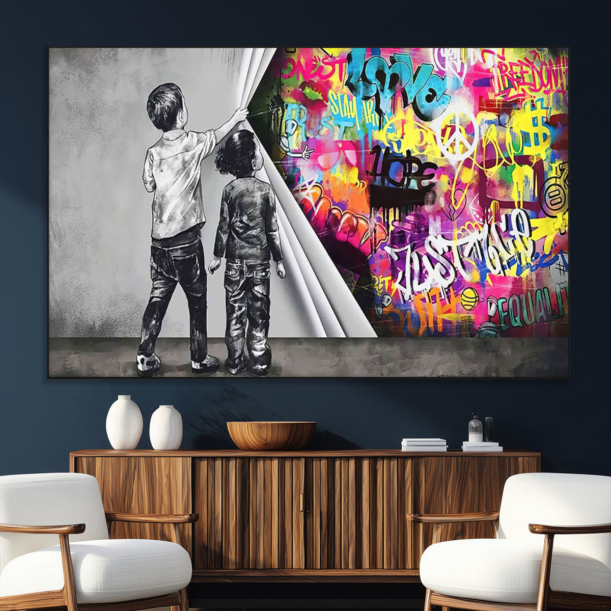 Banksy Print - Street Art Canvas Wall Art - Kids Revealing