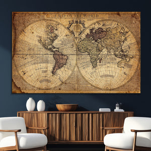 Vintage World Map Wall Art Canvas – Antique Style Push Pin