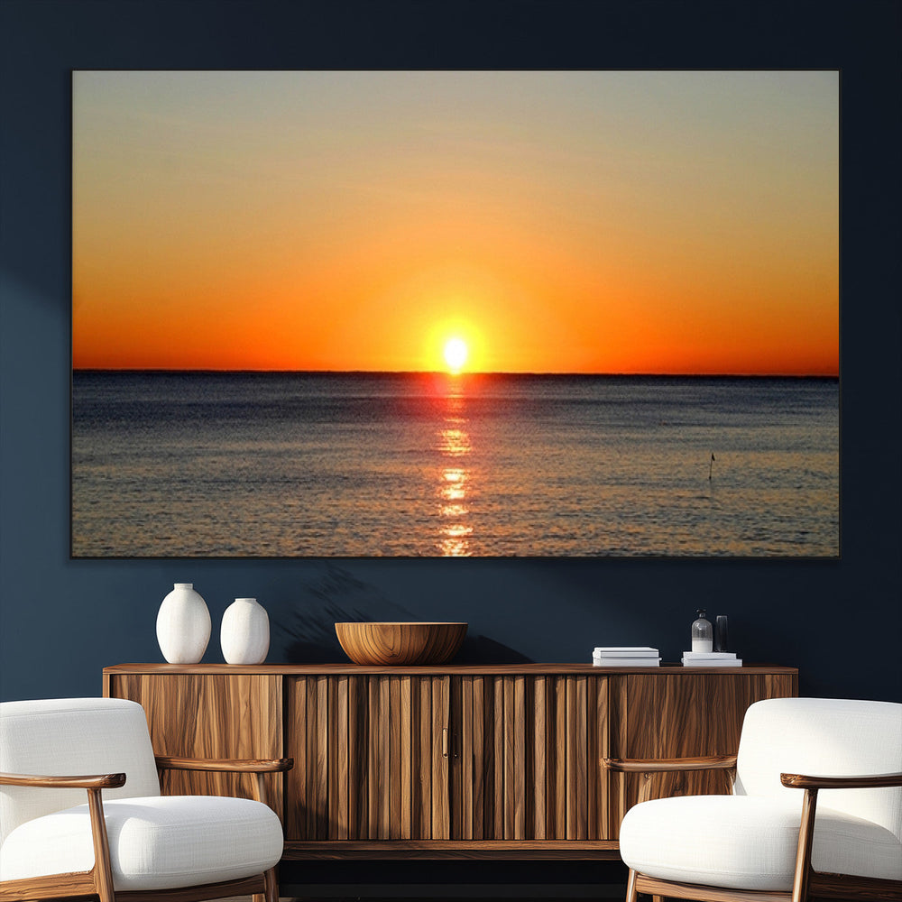 Golden Horizon Sunset Over Ocean Wall Art Canvas Print –