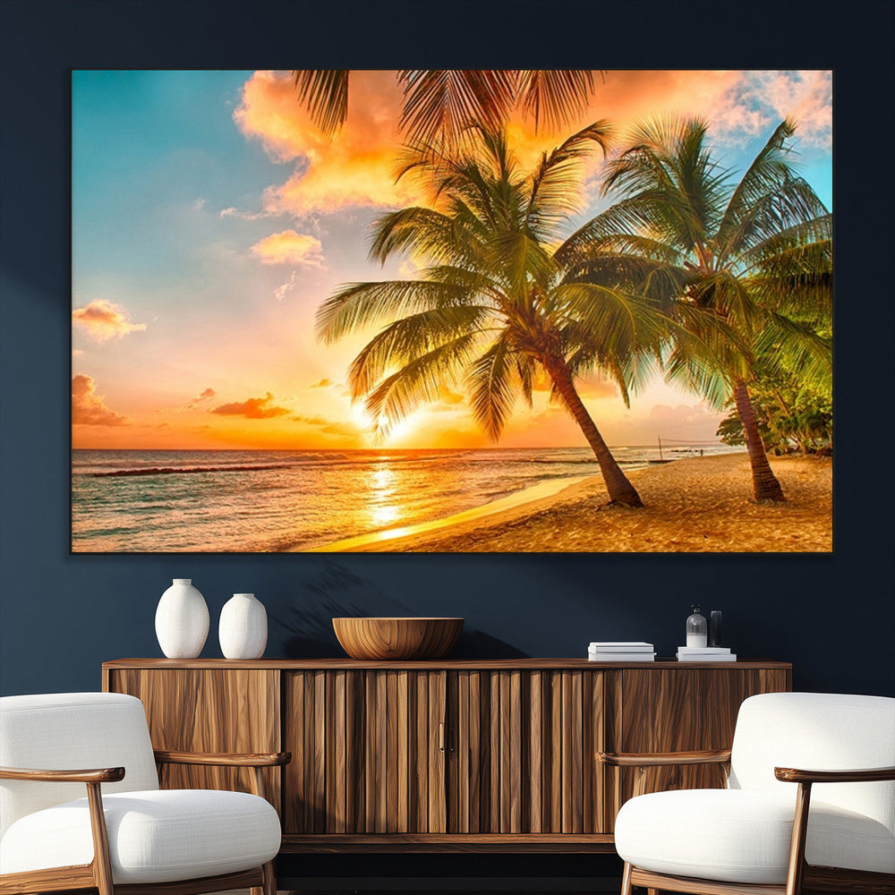 Tropical Sunset Beach Canvas Wall Art Print – Vibrant Palm