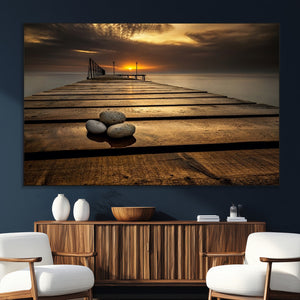 Stones on Wooden Pier at Sunset Canvas Print, Serene Coastal