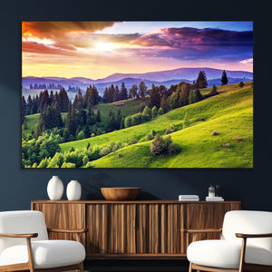 Green Hills and Sunset Wall Art Print - Scenic Landscape