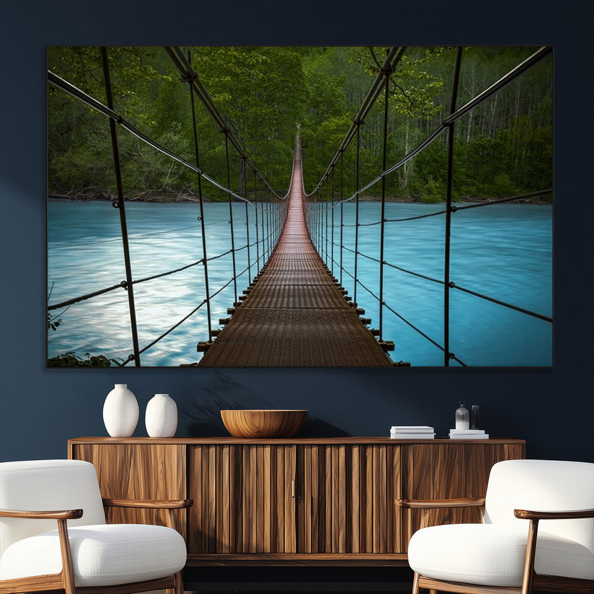 Suspension Bridge Over River Canvas Art | 3-Panel Nature