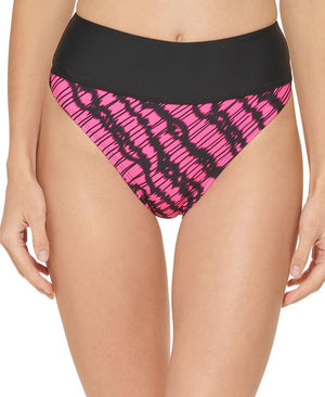 DKNY Women's Printed High-Waist Bikini Bottoms (Black/Pink Multi, Large)