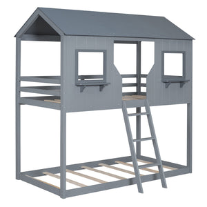 Twin Over Twin Bunk Bed With Roof, Window, Guardrail, Ladder