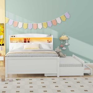 Full Size Platform Bed With Storage LED Headboard, Twin Trundle And 3 Drawers - White