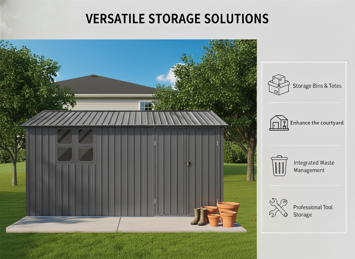 12x10 Ft Metal Garden Shed with Apex Roof and Shelving - Grey
