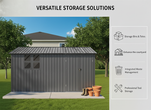12x10 Ft Metal Garden Shed with Apex Roof and Shelving - Grey
