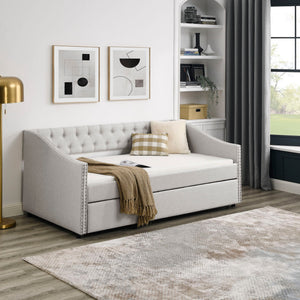 Upholstered Tufted Daybed With Drawers, Waved Arms
