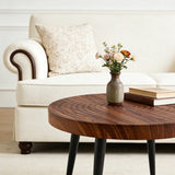 Modern Round Coffee Table - Walnut Pattern MDF And Black Metal Legs