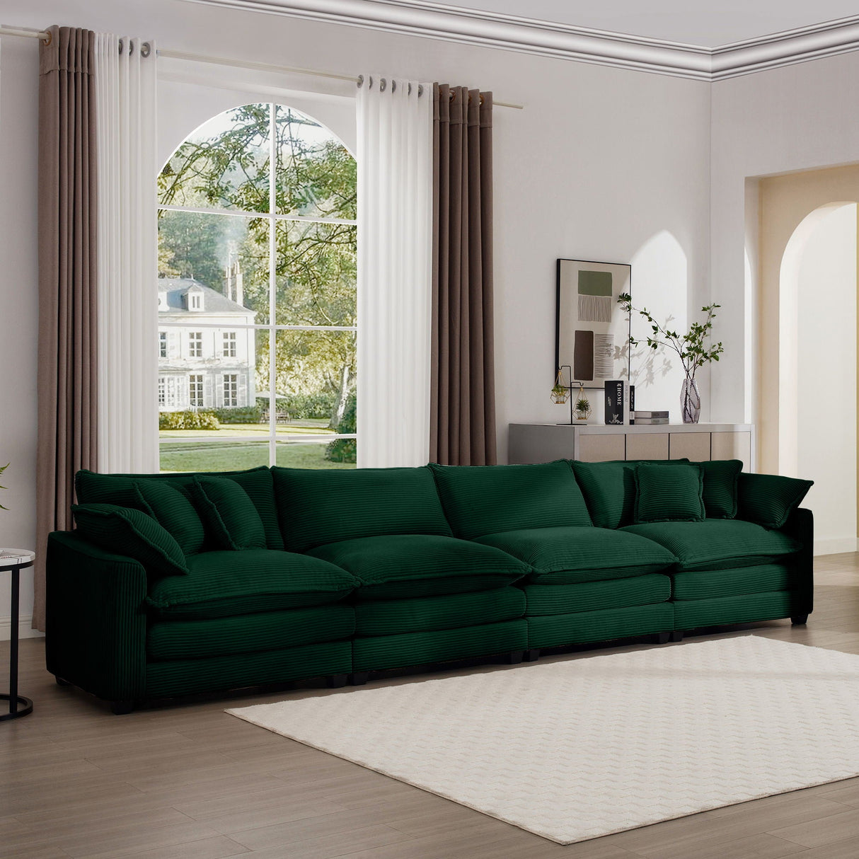Modern Upholstered 4 Seater Fabric Sofa With Arm And Throw Pillows