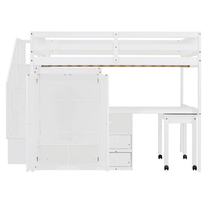 Loft Bed With Stairs, Bookshelf, Drawers, Desk & Wardrobe, Space Saving Multifunctional Furniture