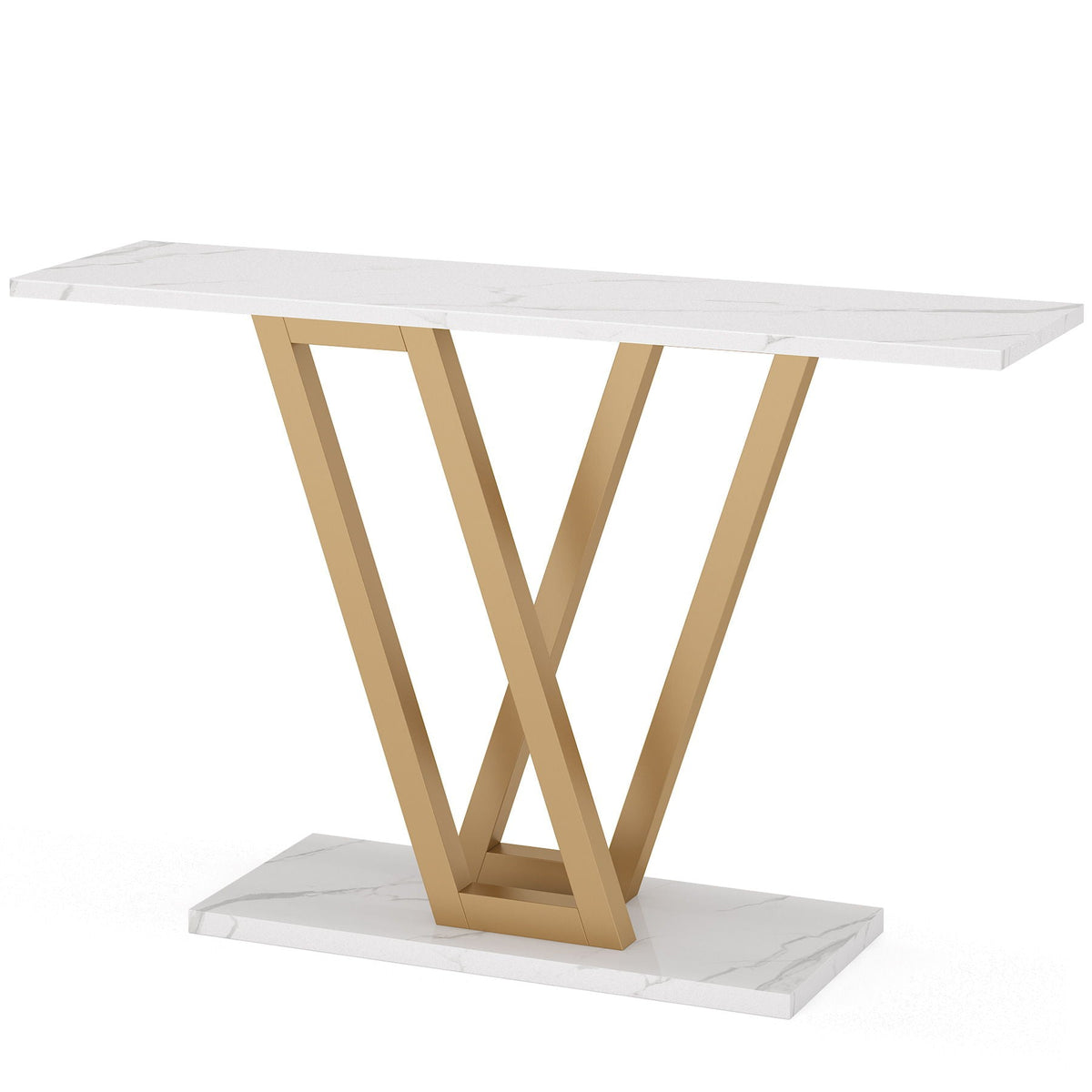 Console Table With Top With V Leg Frame For Hallway, Living Room - White / Gold
