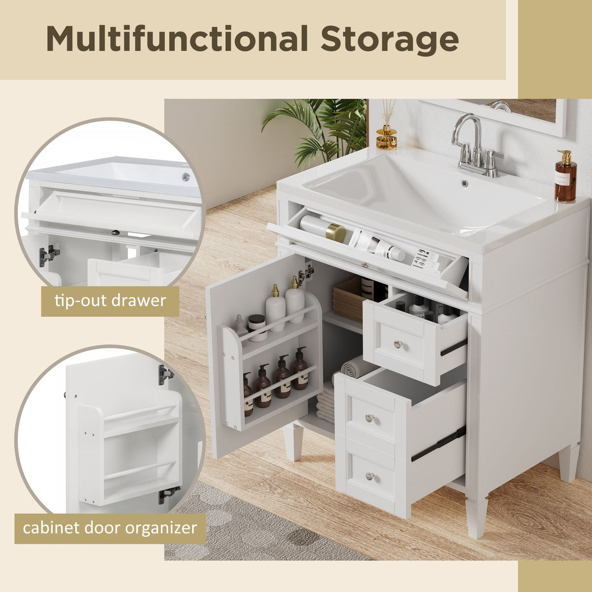 Bathroom Vanity With Top Sink, Storage Cabinet, 2 Drawers, Tip Out Drawer