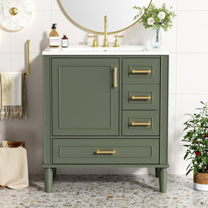 Elegant Olive Green 30' Bathroom Vanity with Ceramic Sink and Ample Storage, Solid Wood and MDF Construction
