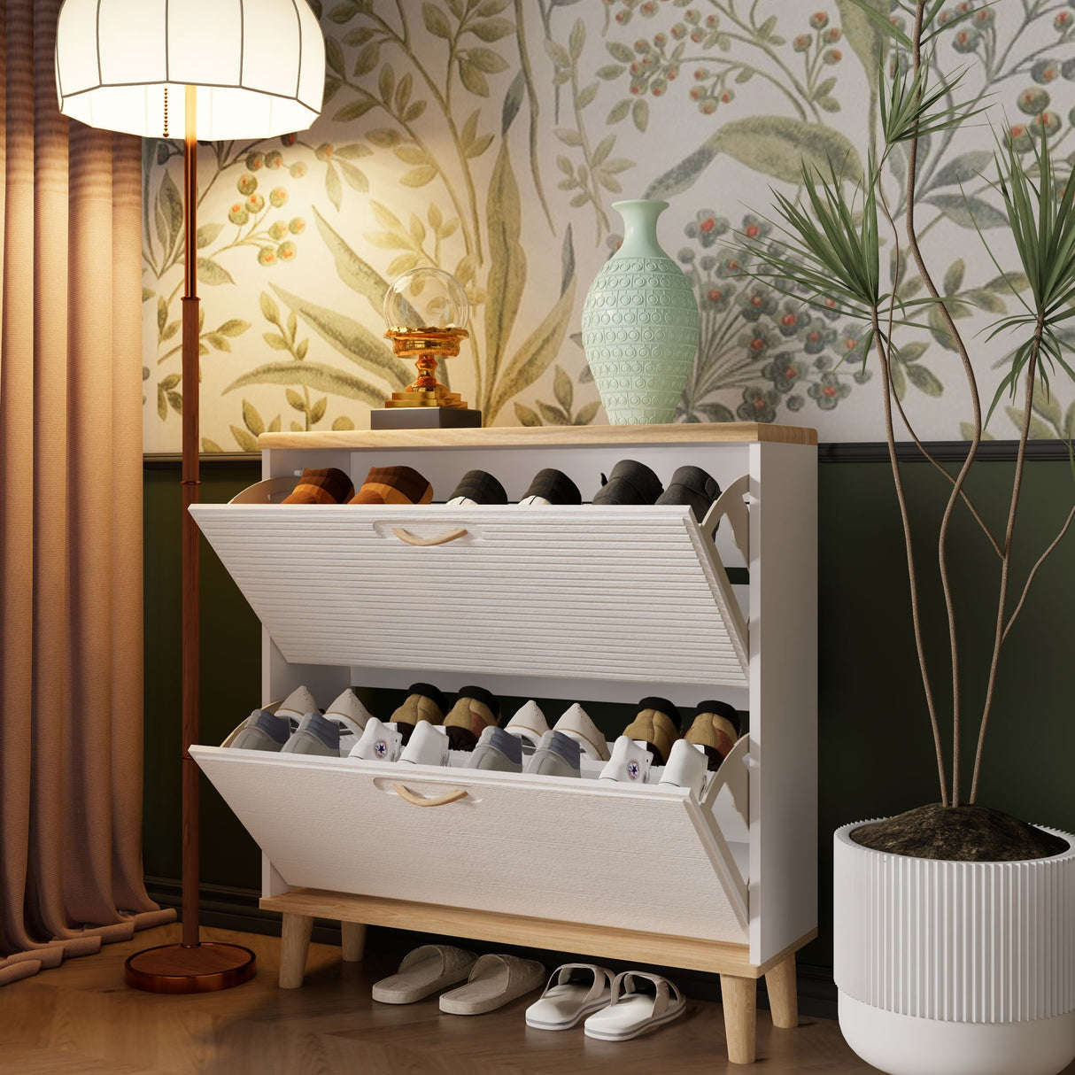 Narrow - Entryway Shoe Storage Cabinet With 2 Flip Drawers Legs - Natural / White