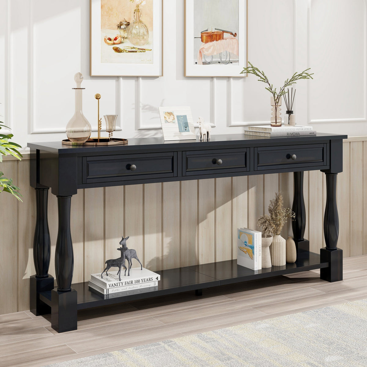 TREXM 63" Long Console Table with Drawers and Shelf