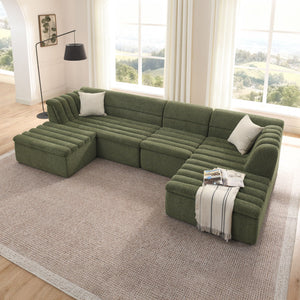 U-Shaped Modular Sectional Sofa With Chaise And Movable Ottoman With Wave-Shaped Armrest