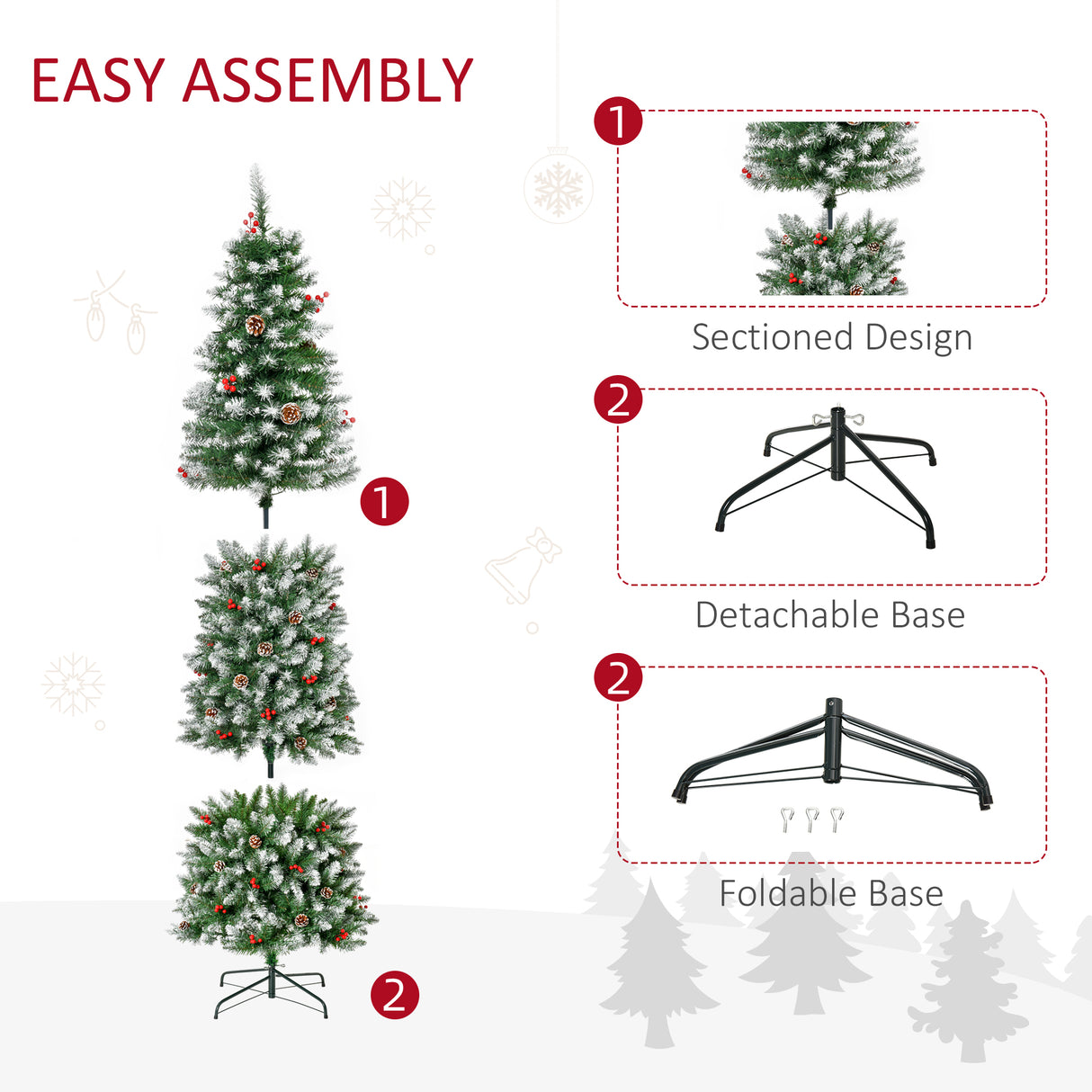 7.5ft Pre-Lit Snow-Dipped  Christmas Tree, Pine Cones, Red Berries