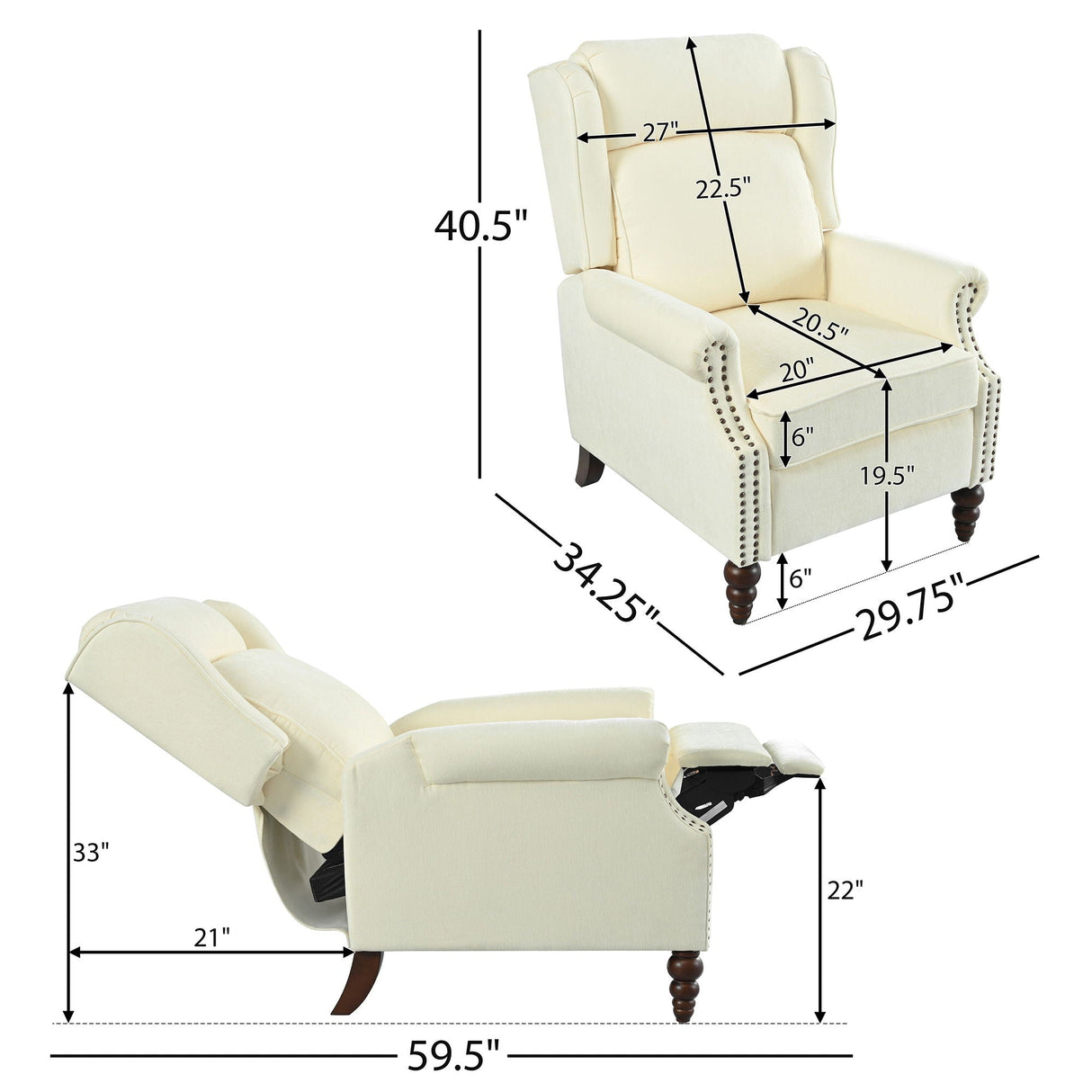 Push Back Recliner Chair Upholstered With Classic Wing Back And Solid Gourd-Shaped Legs