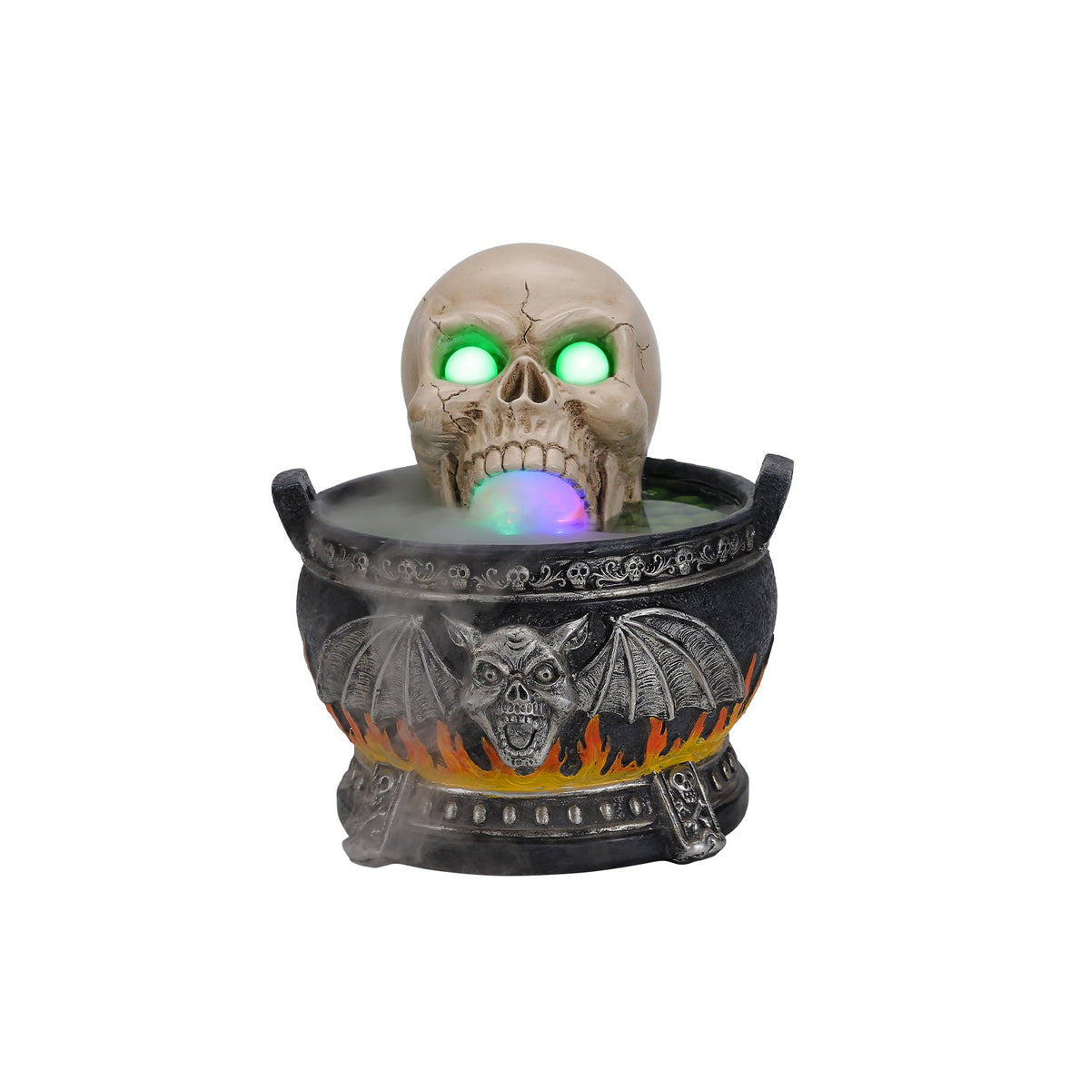 Halloween Skull Cauldron Statue with LED Light and Smoke Fog Effect