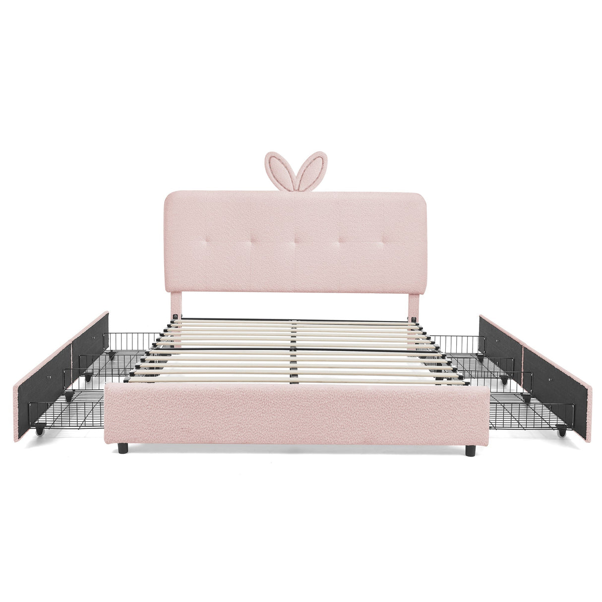 Full Size Kids Upholstered Bed with Oversized Rabbit Ear Headboard, LED Light & 4 Storage Drawers, Boucle Fabric (79.5''X55.75''X41'')
