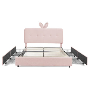 Queen Size Kids Upholstered Bed with Oversized Rabbit Ear Headboard, LED Light & 4 Storage Drawers, Boucle Fabric (84.5''X62.75''X41'')